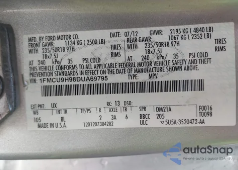 2013 Ford Escape Sel z USA, uszkodzony, nr VIN 1FMCU9H98DUA69795